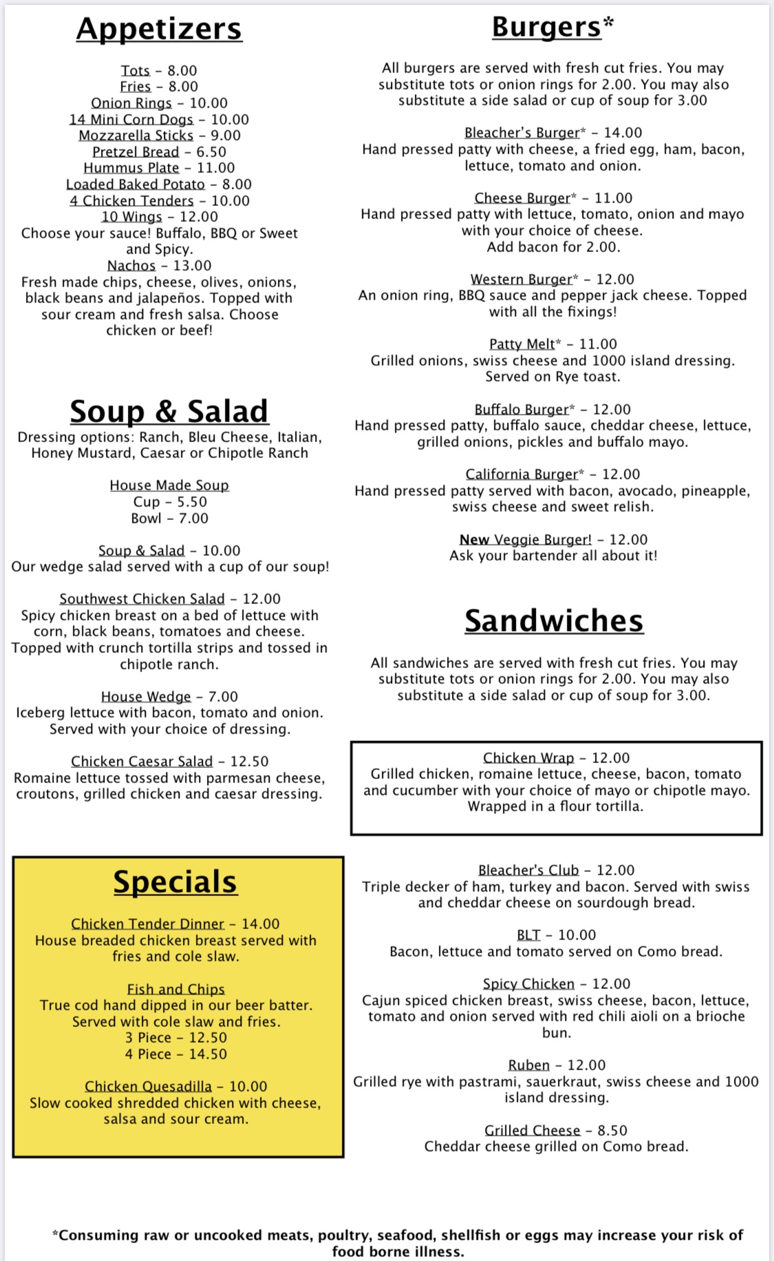 Menus Bleachers Bar Portland